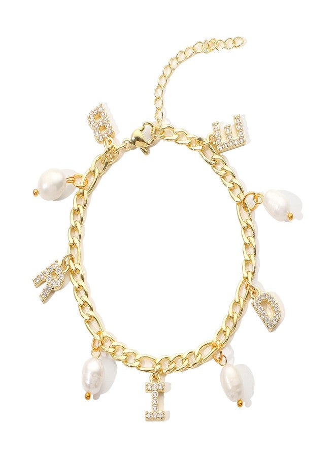 RACIOCK Gold Bride Charm Bracelet - Adjustable Pearl & Zircon Bridal Jewelry, Wedding Bangle, Bachelorette Accessory, Bridesmaid Gifts, Bridal Shower Decor and Wedding Accessory - Image 1